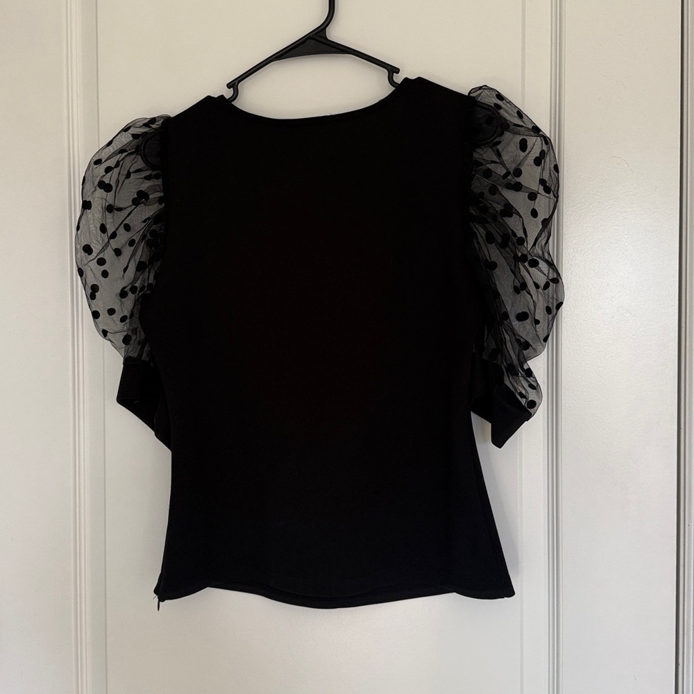 See the Shades  Black Top with Sheer Polka Dot Sleeves Sz Large Puff Sleeves - Picture 5 of 9